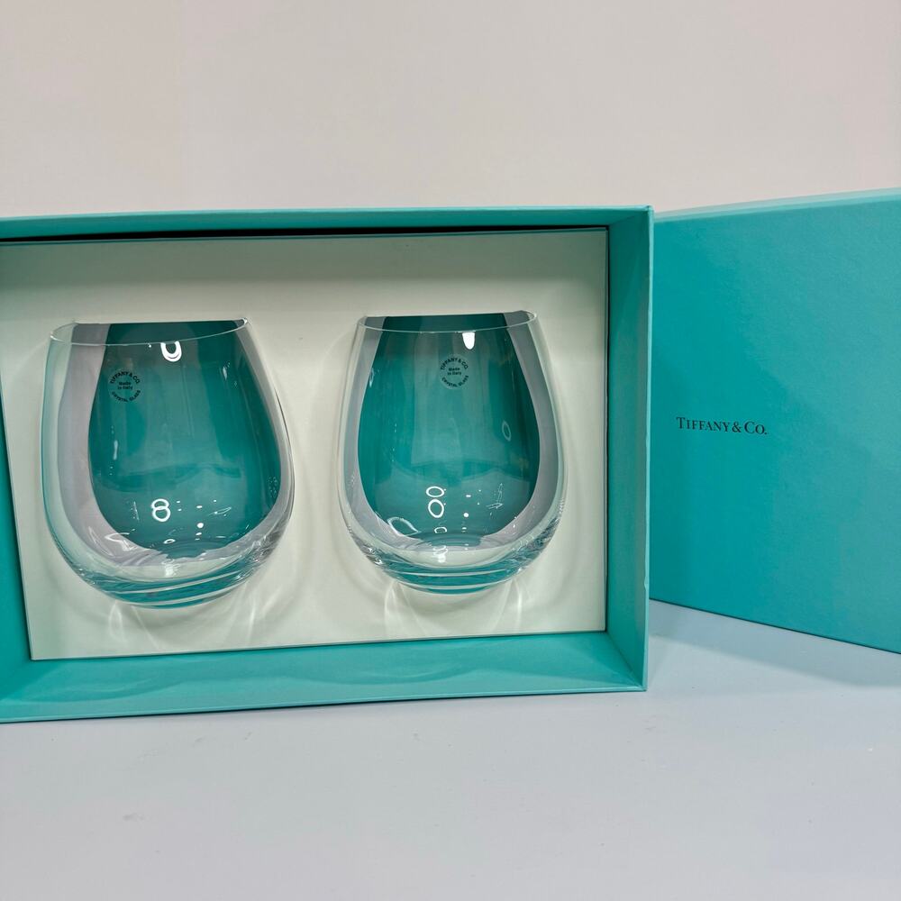 Tiffany & Co. Essentials Stemless Wine Glass Set of 2 Crystal Made in Italy New